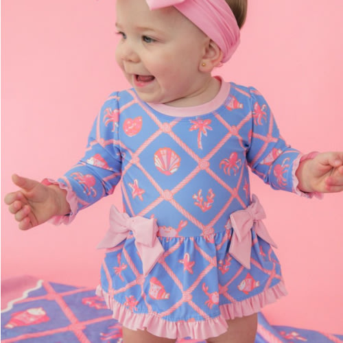 Long Sleeve One Piece Bow Peplum Rash Guard Swimsuit, with Signature Rear Ruffles