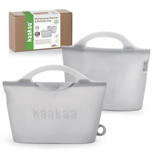 Haakaa Silicone Microwave Steamer & Steriliser Bag, Lager Capacity Reusable Steaming Bags for Baby Bottles/Breast Pump/Accessories/Pacifiers/Teethers,Great for Home and On-The-Go, Grey/2PC (2000ml)