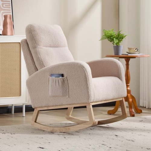 Modern Accent Rocking Chair Rocking Chair with Solid Wood Legs, Upholstered Nursery Glider Rocker, Comfy Armchair with Side Pocket, Living Room Lounge Arm Chair with High Backrest (Beige,teddy)