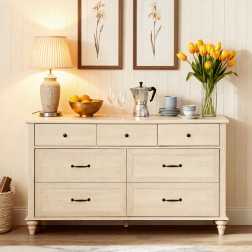 Beige 7 Drawer Dresser for Bedroom, Farmhouse Wooden Chest of Drawers Kids Dressers for Living Room