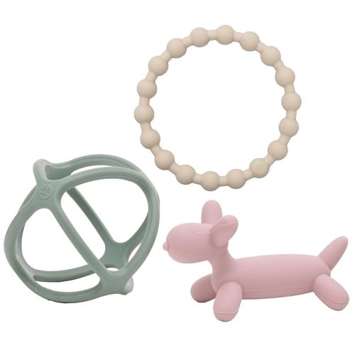 WeeSprout Handheld Teether Set (Matte Green, Pink & Off White)