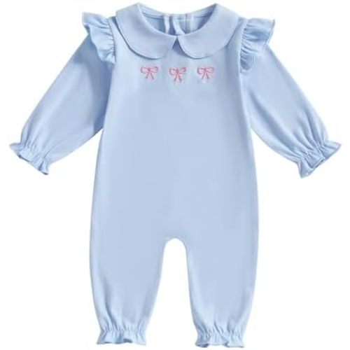 Newborn Girl Long Sleeve Jumpsuit Bow Print Peter Pan Collar Ruffle Romper Playsuit Baby One Piece Outfit