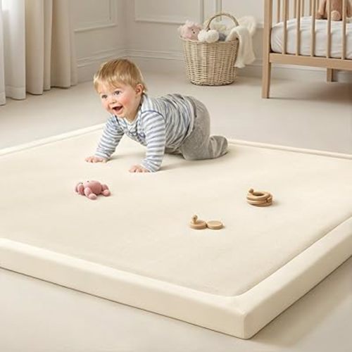 Goyuu Ultra Soft 1.3" Thick Baby Play Mat for Floor, 50x50 Playpen Mat Elasti-Foam Padded Crawling Mat for Babies, Toddlers, Infant, Kids, Non-Slip Backing Safe for Tummy Time, Beige