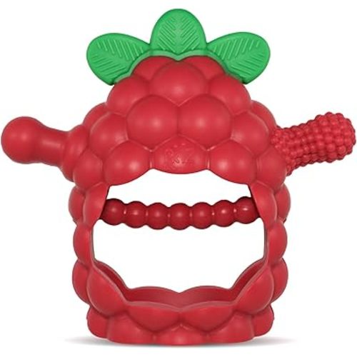 RaZbaby RaZberry Grip Silicone Teether Toy for 3M+ | Drop Resistant Hand Held Teether for Babies and Infants - Designed by Nature with Our Patented BerryBumps Multitextured Design | 3M+, Red