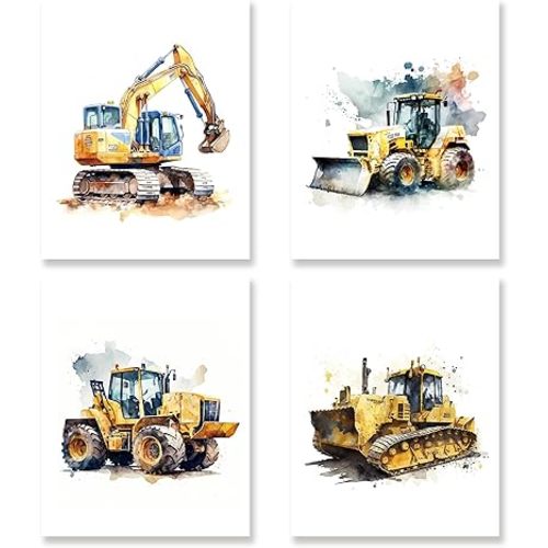 KSDUT Construction truck Wall Decor Art Set of 4 - Baby Car Vehicles Artwork Poster Prints Wall Decor Nursery Wall Art for Boys Room Toddler Playroom Bathroom Decorations - 8"x10" Unframed