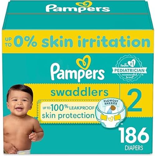 Pampers Swaddlers Diapers - Size 2, One Month Supply (186 Count), Ultra Soft Disposable Baby Diapers