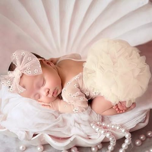Ylsteed Newborn Girl Photoshoot Outfits Lace Newborn Photography Outfits Girl Photo Props Elastic Romper with Headband Baby Elegant Gorgeous Photography Outfit - Daisy Beige