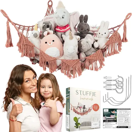 Boho Corner Stuffed Animal Hammock for Stuffed Animals – Washable Macrame Stuffed Animal Net or Hammock Inc No-Drill Hooks – Toy Hammock for Stuffed Animals, Pet Net Plush Hammock | Rusty Blush