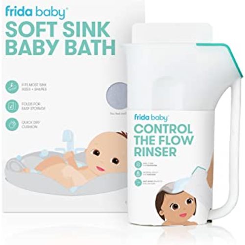 Frida Baby Soft Sink Baby Bath and Control The Flow Rinser Cup Bundle | Bathtime Essentials for Infants