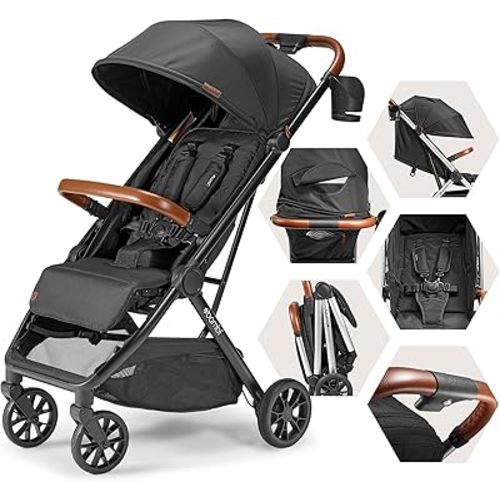 Bēbee V2 Lightweight Baby Stroller - Premium Vegan Leather, One-Hand Fold, Infinite Recline, Aircraft-Grade Aluminum Frame, XXL Canopy, and Ample Storage Umbrella Stroller - Hickory