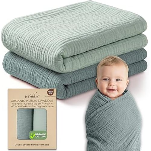 infancie 100% Organic Cotton Muslin Baby Blanket - 47 x 47 Inch Breathable Swaddle Blankets for Newborns, Hypoallergenic Double-Layer, Soft and Cozy Baby Blankets for Everyday Use (Green/Mint Green)