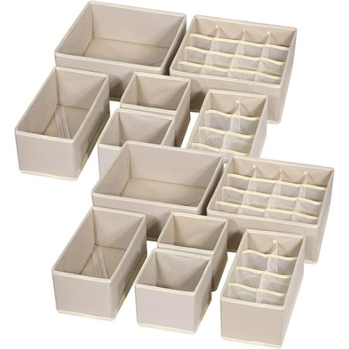 12 Pack Foldable Drawer Organizer Dividers Cloth Storage Box Closet Dresser Organizer Cube Fabric Containers Basket Bins for Underwear Bras Socks Panties Lingeries Nursery Baby Clothes Beige