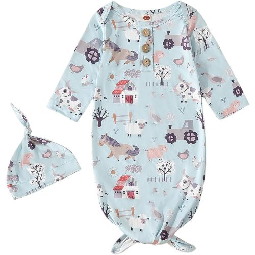 Newborn Baby Boys Girls Cartoon Sleeper Gown Long Sleeve Mountain Nightgown Hat Outfits