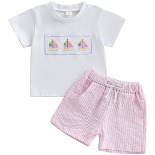 Meiweileya Infant Toddler Baby Girl Summer Clothes Short Sleeve Sailboat Embroidery Tops Striped Linen Shorts Nautical Outfit