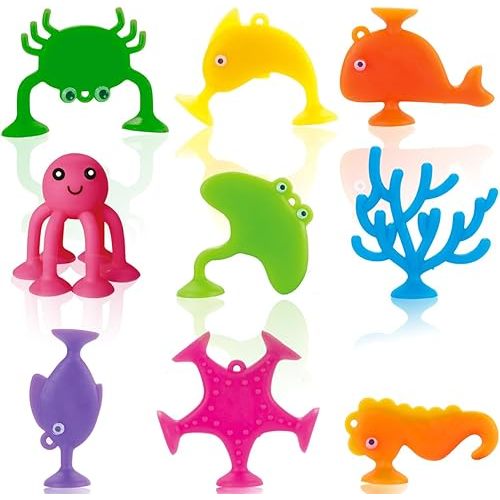 Suction Bath Toys for Kids, 9 PCS Silicone Ocean Animal Suction Cup Toys, Mold Free No Hole Bathtub Toy, Sensory Window Building Toy Gifts for Toddler Children Kids Over 1 Years