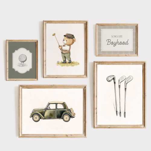 Vintage Teddy Bear Nursery Golf Prints, Set of 5 prints, Sage Green, Nostalgic Wall Decor, Vintage Sport Nursery Decor, Golf Boy Room Print
