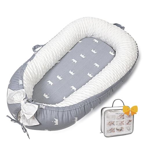 Baby Lounger-Breathable and Soft Organic 100% Cotton, Portable Infant Lounger with Removable Lounger Cover, Baby Lounger for Newborn - Grey Crown