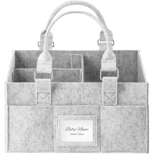 PaoveFor Diaper Caddy Organizer, Newborn Essetials Must Haves, Baby Registry Search and Other Baby Stuff, Collapsible Baby Basket with Handle and a Photo Frame, Grey, 11.8 x 6.3 x 9.0 inch