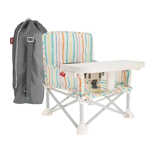 Nuby Easy Go Pop-Up Booster Seat with Removable Tray - 6+ Months - Portable Booster Seat for Floor for Indoor/Outdoor Use - 3-Point Safety Adjustable Straps - Includes Travel Bag - Stripes