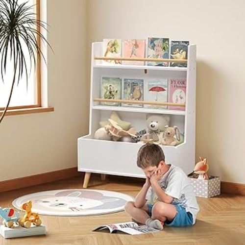 Kids Bookshelf and Toy storage, Book Shelf for Kids Rooms,3-Tier Baby Storage Display with Legs, 27'' Bookshelf for Kids, Toddler Bookshelf for Reading Area/Kids' Room, White