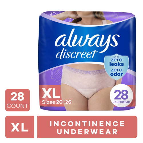 Always Discreet Adult Incontinence Underwear for Women and Postpartum Underwear, XL, Up to 100% Bladder Leak Protection, 28 CT