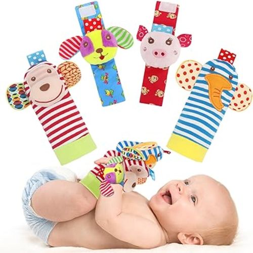 Soft Baby Rattle Toys Foot Finder Socks Wrists Rattles, Ankle Leg Hand Arm Bracelet Activity Rattle, Present Gift for Newborn Infant Babies Boy Girl Bebe 4pcs