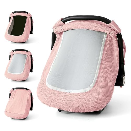 Muslin Cotton Car Seat Cover Baby, Universal Fit Carseat Covers for Baby, Infant Car Seats Cover with Mesh Peep Window, for Carrier, Stroller, High Chair, Shopping Cart (Pink)