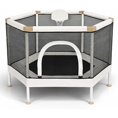 Kids Trampoline, Aesthetic Indoor and Outdoor Toddler Trampoline with Safety Net, Basketball Hoop, 220lb Capacity, Ultra Safe No-Gap Design, Gifts for Boys & Girls