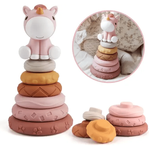 Nueplay 7 Pcs Stacking & Nesting Baby Toys, Squeeze Teething Toys and Building Circle with Pink Horse Figure, Newborn Essentials for 6 12 18 Months Toddler Girls