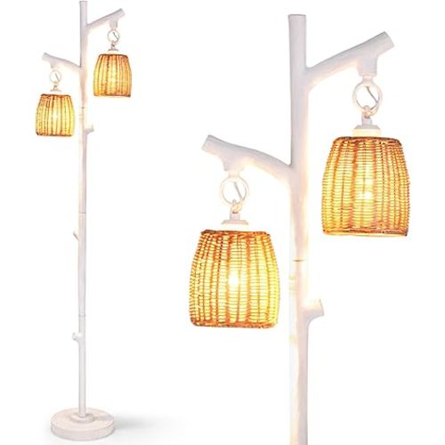 Tangkula Farmhouse Floor Lamp, 65" Tall Rustic Country Cottage 2 Light Dimmable Tree Rattan Floor Lamp, White Faux Wood Column, Wicker Shade Decor for Living Room Study Bedroom (Rustic)