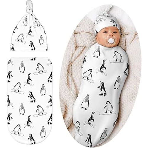 Cute Penguin Baby Stuff Swaddle Blanket Hat Set for Boys Girls, Soft Newborn Sleeping Sack Receiving Blanket Shower Gift
