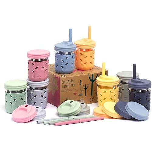 Elk and Friends Kids & Toddler Cups | The Original Glass Mason jars 8 oz with Silicone Sleeves & Silicone Straws with Stoppers | Smoothie Cups | Spill Proof Sippy Cups for Toddlers