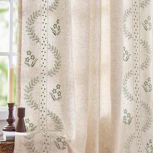 jinchan Lined Linen Blend Curtains Boho Floral Curtains for Bedroom 84 Inch Length Sage Green Embroidered Drapes Rod Pocket Farmhouse Flower Drapes for Living Room Window Treatments Set 2 Panels