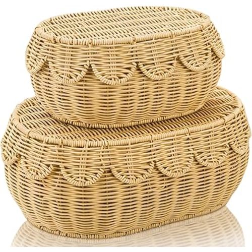 Tebery Set of 2 Wicker Storage Baskets with Lid, Hand Woven Scalloped Basket Boxes for Shelf, Sturdy Rattan Storage Bin Organizer for Home Decoration, Display