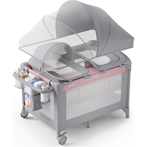 4-in-1 Baby Bassinet with Playard, Sleeper Nest, Changing Table, Mosquito Net & Canopy, Storage and Toys for Newborn to Toddler
