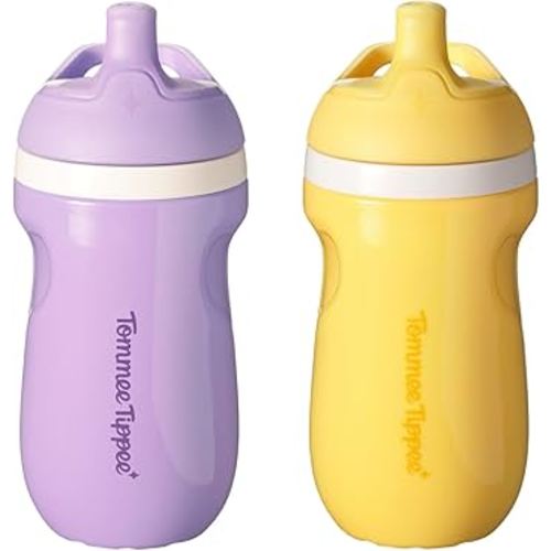 Tommee Tippee Insulated Sporty Bottle, 9oz, No Spill Toddler Water Bottle For 12 months +, Two-Piece Valve Helps Stop Spills, Pack of 2, Yellow and Purple