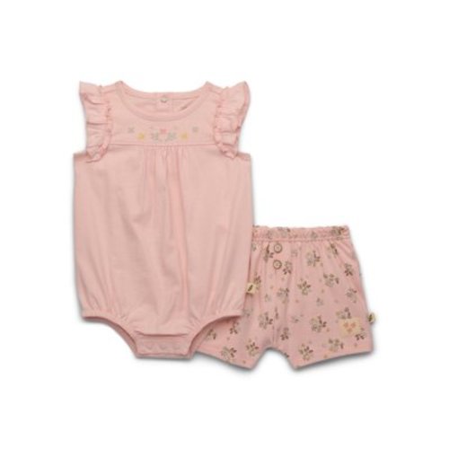 easy-peasy Baby Girls Organic Cotton Ruffle Bodysuit with Embroidered Yoke & Shorts Set, 2-Piece, Sizes 0-24M