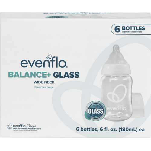Evenflo Balance+ Glass Wide Neck Baby Bottles, Clear, 6 fl oz, 6 Pack