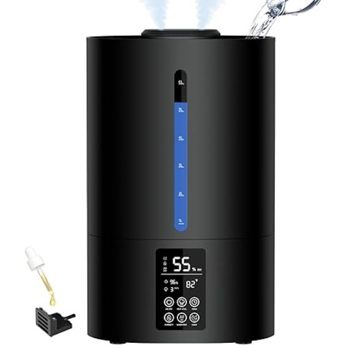 6L Humidifiers for Bedroom Large Room Home, Cool and Warm Humidifiers for Plants Mist Top Fill Desk Humidifiers Essential Oil Diffuser, Quiet Humidifiers with Adjustable Mist,360°Nozzle-Midnight Black