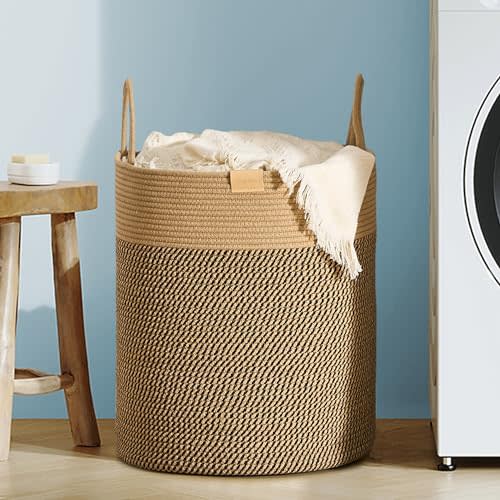 Laundry Hamper 62L,Large Laundry Basket for Clothes,Decorative Storage Basket for Blankets,Cotton Rope Woven basket for bedroom,Dark Brown