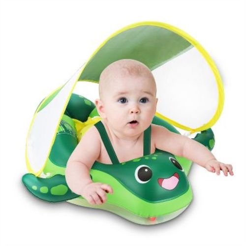 Joyfy Baby Swimming Floats with Removable Sun Canopy, Inflatable Baby Pool Float, Sea Turtle Design Infant Swim Float Ring for Age 12-36 Months-S