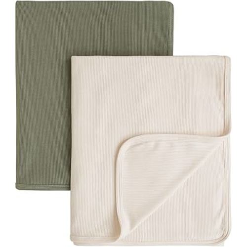 Konssy Knit Baby Blanket 2 Pack, Soft Ribbed Swaddle Receiving Blankets for Boys & Girls, Lightweight Cozy Swaddling Wrap for Newborns, Infants, & Toddlers, 33x42 Inch (Beige, Sage)