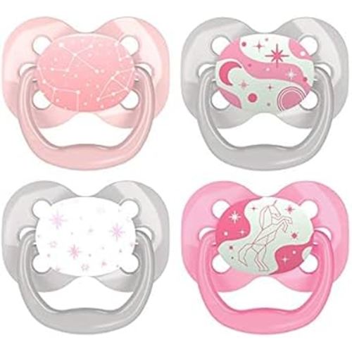 Dr. Brown's Advantage Glow-in-the-Dark Baby Pacifier, Fully Symmetrical Soother with Soft Silicone Bulb, 0-6m, BPA Free, Lavender Love and Coral Ocean, 4 Pack (Style May Vary)