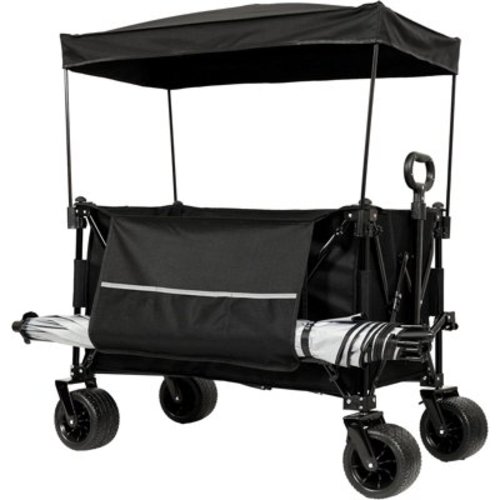 480lbs Collapsible Wagon, Heavy Duty Folding Wagon Cart with Removable Canopy, 4" Wide Large All Terrain Wheels, Brake, Adjustable Handles, Umbrella Pocket, Utility Carts for Garden Beach, Black