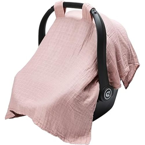 Meracorallo Muslin Baby Car Seat Cover, Lightweight Breathable Soft Infant Carrier Cover Carseat Canopy for Baby Boys and Girls, Pink