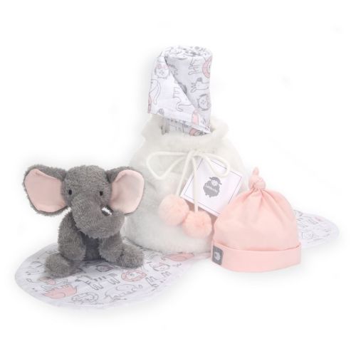 Lambs & Ivy 5 Piece Pink/Gray Plush Infant/Newborn Baby Gift Bag w/ Swaddle