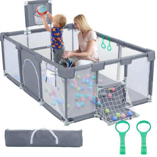 TEAYINGDE Baby Playpen,71 Inch Extra Large Baby Playard With Basketball Hoop and Breathable Mesh,Children Kids Play Fence for Indoors Outdoors,Gray