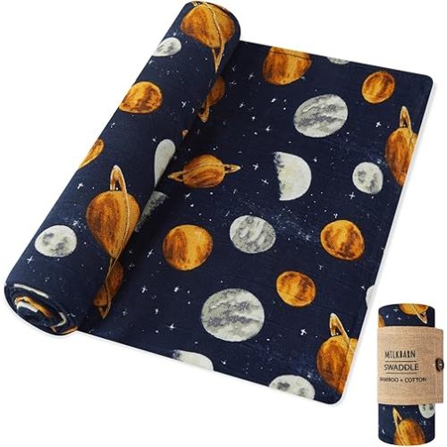 Milkbarn Baby Swaddle Blanket, Rayon from Bamboo Muslin Swaddles for Newborn Girls & Boys, Breathable Infant Swaddles Wrap, Shower & Registry Gifts, Newborn Essentials, Planets