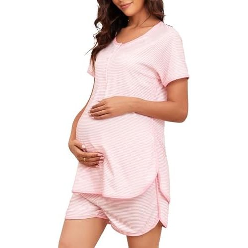 Stripe Maternity Nursing Pajamas Sets Womens Button Down Pregnancy Pjs Sets Soft Two Piece Pregnant Loungewear Sets