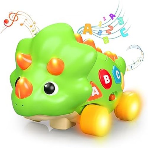 ORANGE OCEAN Baby Musical Crawling Toys for 1 Year Old Boy Girl, Dinosaur Bilingual Learning Toy 6-12 Months, Light Up Music Developmental Toys, Tummy Time Toy 6 9 12 Months, Baby Birthday Gift